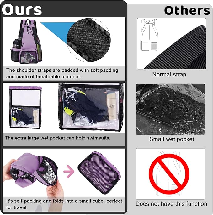 Swim Bag Beach Backpack with Padded Shoulder Strap Mesh Backpack with Wet Pocket for Swimming, Gym