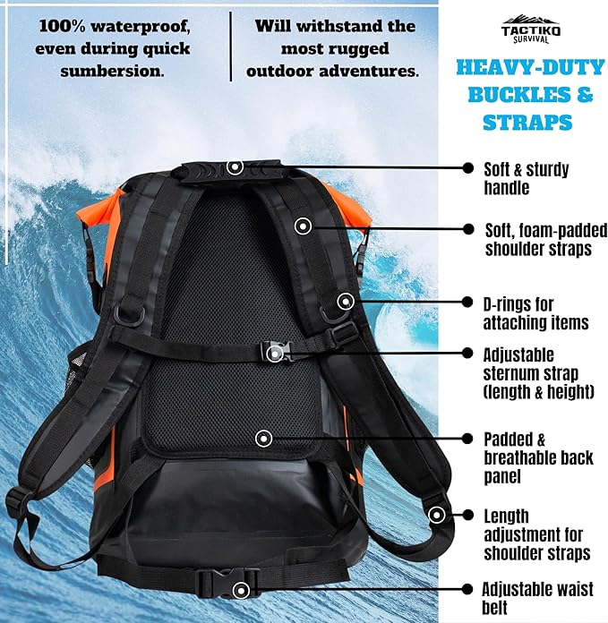 TACTIKO 30L Heavy-Duty 100% Waterproof Backpack, Roll Top Dry Bags for Kayaking, Hiking, Camping, Survival