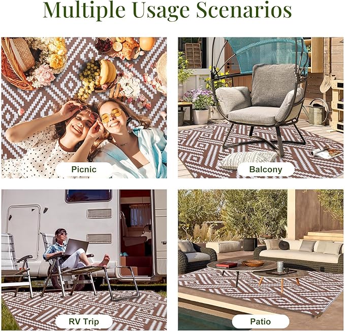 OPPODREAM Outdoor Rug 8x10 Patio Waterproof, Large Outdoor Plastic Straw Rug, Reversible Out Door Carpet for Camping, Deck, Rv, 8 x 10 Area Carpet for Balcony, Porch, Backyard, White and Brown