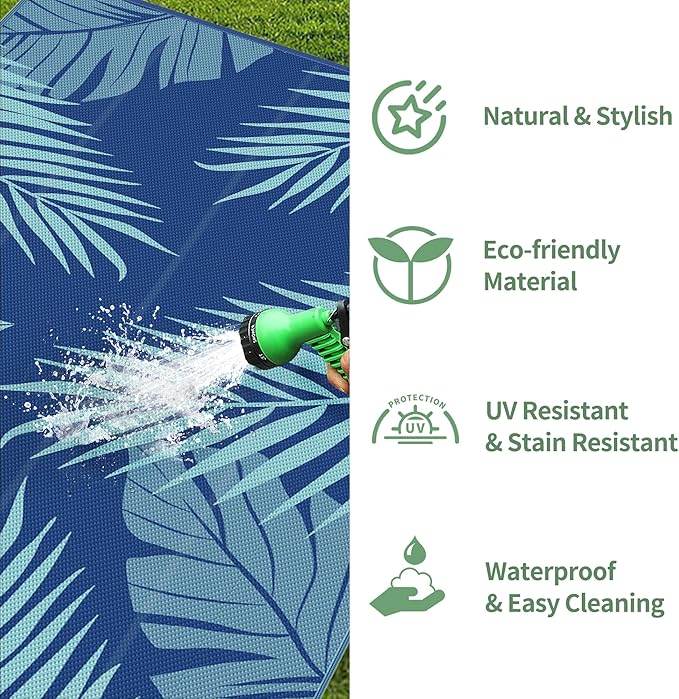 GENIMO Outdoor Rug 10' x 14' Waterproof for Patios Clearance, Reversible Outdoor Plastic Straw Camping Rug Carpet, Large Area Rugs Mats for RV, Camper, Deck, Balcony, Porch, Beach, Royalblue&Bluegreen