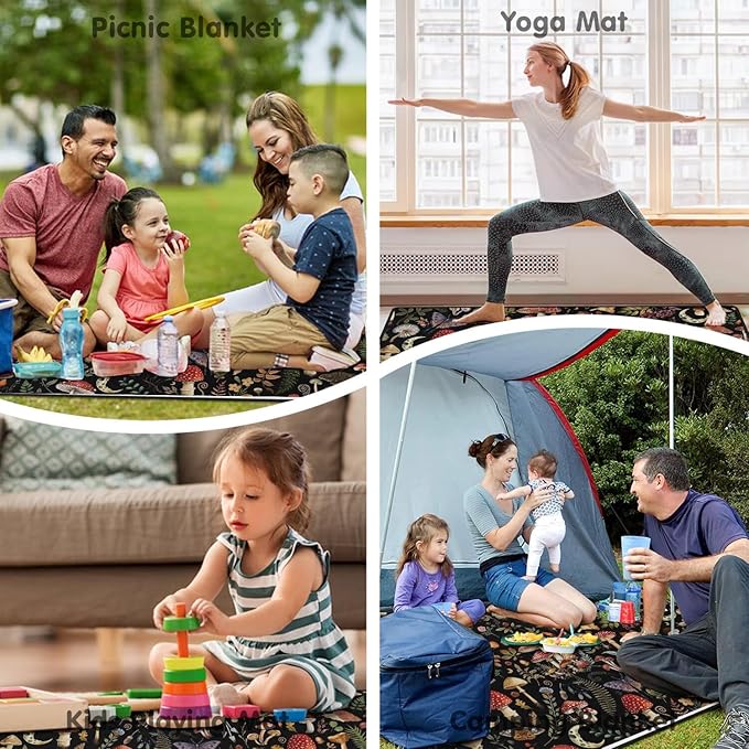 Extra Large Picnic Blankets Waterproof Foldable (80"x 80") Mushroom Beach Blanket Waterproof Sandproof,3-Layer Thicking Mat Outdoor Packable Camping Blanket