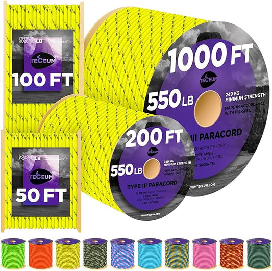 TECEUM Heavy Duty Rope 1000 – 1000ft / 200ft / 100ft / 50ft – 40+ Colors – Utility Rope for Survival & Camping Gear – Nylon String, Camping Rope, para Cord, Utility Nylon Rope, Tent Cord