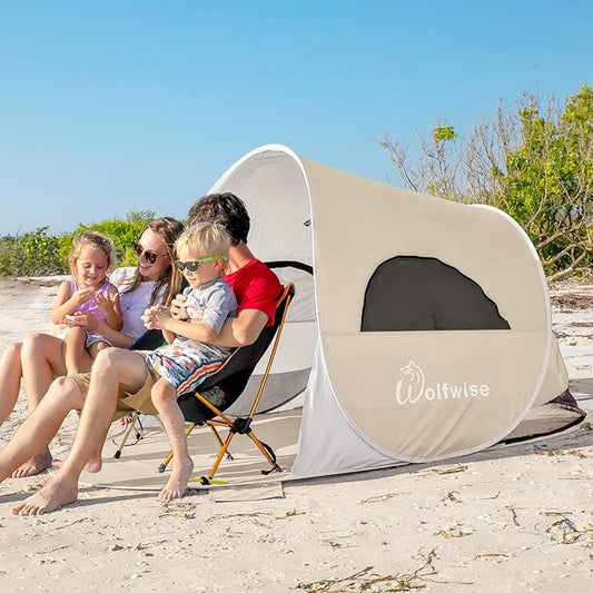 WolfWise UPF 50+ Easy Pop Up 3-4 Person Beach Tent Sport Umbrella Instant Sun Shelter Tent Sun Shade Canopy, Beige