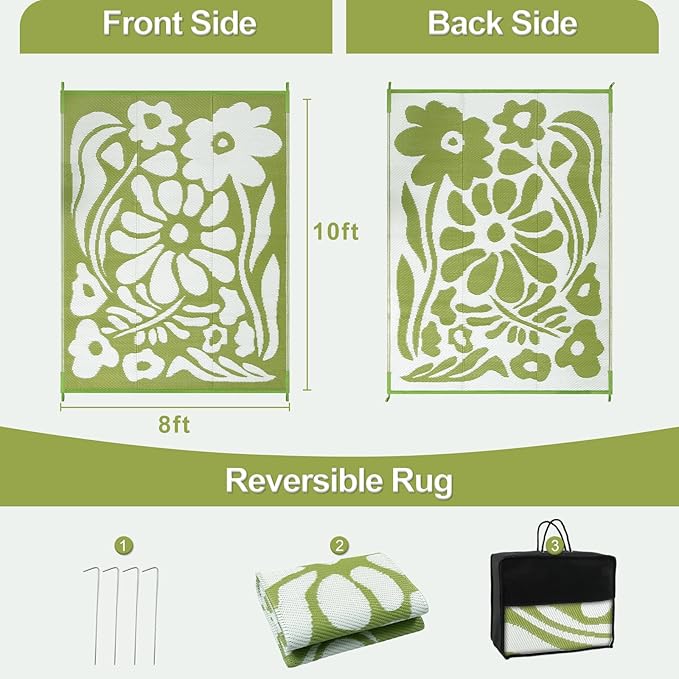 Wonnitar Outdoor Rug 8x10,Waterproof Outdoor Rugs for Patios Clearance,Reversible Outside Plastic Straw Carpet,Large Green Abstract Plant Lightweight Mat for Balcony Deck RV (Green Flower, 8'x10')