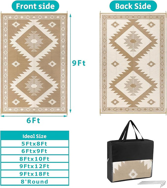 HEBE Outdoor Rug 6'x9' Waterproof for Patios Clearance, Reversible Plastic Straw Rug Camping Carpet, Indoor Outdoor Area Rugs Patio Mats for RV,Picnic,Backyard,Deck,Balcony,Porch