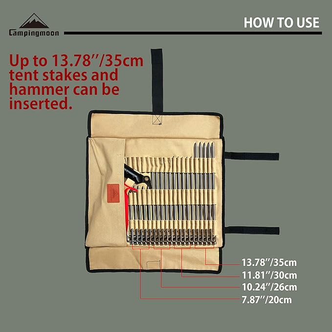 CAMPINGMOON Cotton Canvas Tent Stakes Case Storage Bag Max 13.78’’/35cm in Length Beige Color B135
