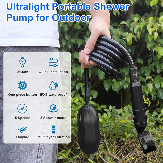 Lightweight Portable Camping Shower, 6000mAh Rechargeable Outdoor Shower Pump with 5 Pressure Modes, Filtered Shower Head, Temperature & Power Display for Hiking, Travel, Washing, Emergency