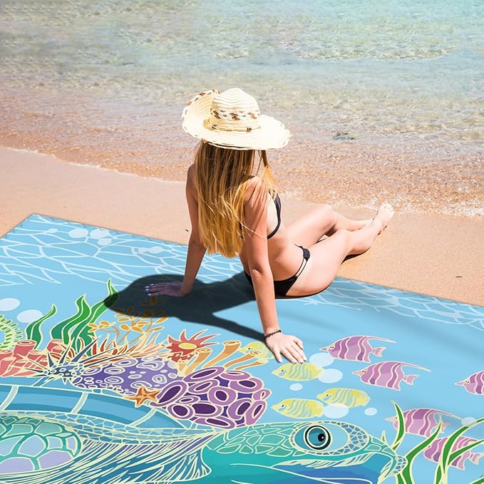 Beach Blanket Waterproof Sandproof Large Beach Mat 79" X 83" for 2-4 Adults Sand Free Mat Quick Drying,Lightweight & Durable with 4 Stakes & 4 Corner Pockets for Beach Travel Camping.(Sea Turtle)