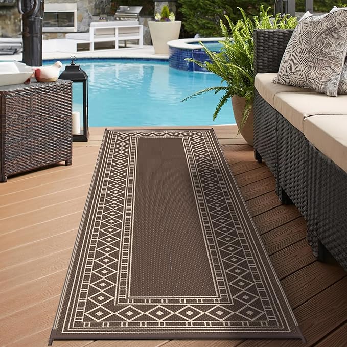 GENIMO Outdoor Rug Waterproof for Patio Decor, 2.5'x8' Foldable Reversible Plastic Straw Runner Rugs Carpet for Porch, Outside Area Mat for Rv, Deck, Picnic, Camper, Balcony, Coffee & Beige