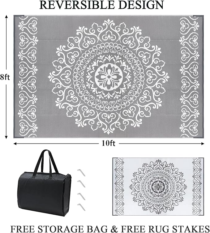 Pauwer Waterproof Outdoor Rug 8x10, Reversible Plastic Straw Patio Camping Rug, Indoor Outdoor RV Mat Carpet for Deck, Camper, Porch, Balcony, Backyard, Picnic, Floral Grey