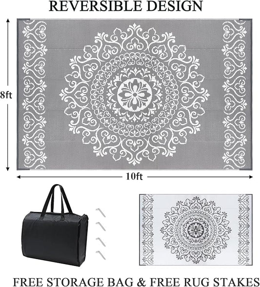 Pauwer Waterproof Outdoor Rug 8x10, Reversible Plastic Straw Patio Camping Rug, Indoor Outdoor RV Mat Carpet for Deck, Camper, Porch, Balcony, Backyard, Picnic, Floral Grey