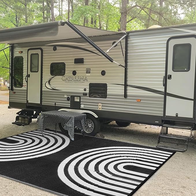 Anidaroel Outdoor Area Rug for Patio Clearance 8x10ft Waterproof, Reversible Plastic Straw Rug Outside Rug, RV Mat for Camping, Porch, Balcony, Pool Deck(Black&White, 8‘x10')