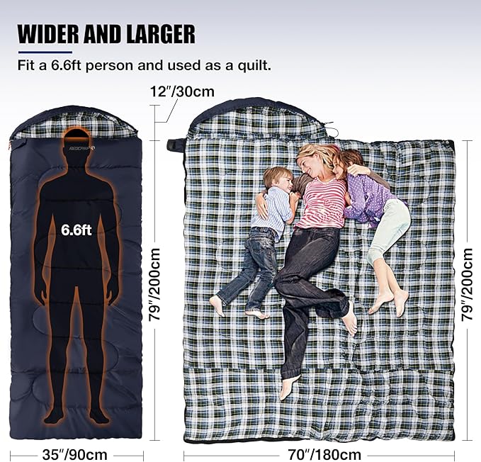 REDCAMP Flannel Sleeping Bag for Adults, Comfortable Cotton Sleeping Bags for Camping with Detachable Hood, Red/Grey/Blue