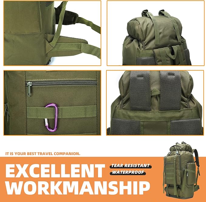 70L/100L Hiking Camping Backpack MOLLE Rucksack Waterproof Daypack for Traveling (Army Green)