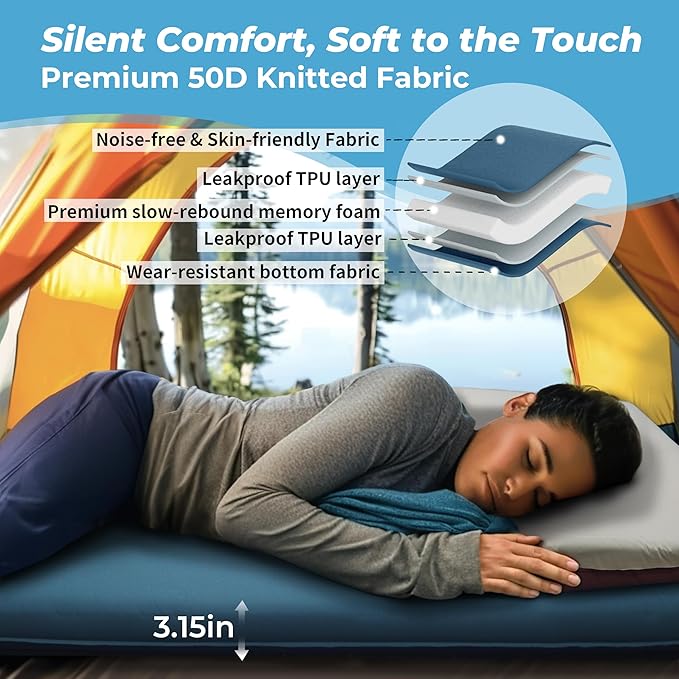 Self Inflating Sleeping Pad with Electric Air Pump, 3.15" Thick Foam Camping Mattress, Fast Inflation & Deflation, 9.5 R-Value 4-Season Insulated Sleeping Mat for Tent, Car Travel, and Indoor Use-Blue