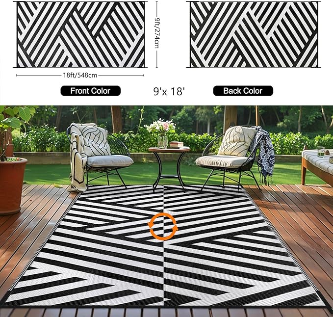 Outdoor Patio Plastic Straw Rug - 9'x18' Outdoor Camping Rug Waterproof Reversible, Area Carpet Patios Clearance RV, Outside Porch Balcony Deck for Camper, White & Black