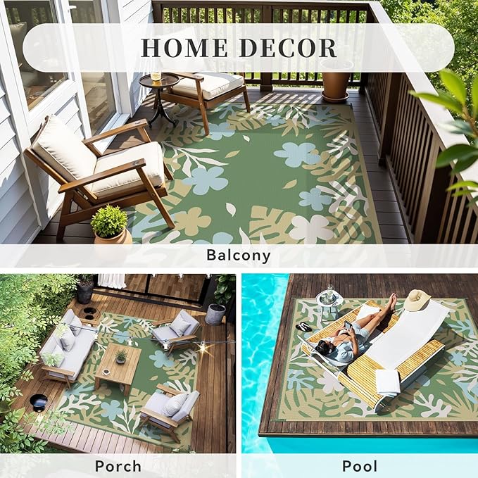 MontVoo Outdoor Rug Waterproof 8x10 ft RV Outdoor Rug for Camping Picnic Mat Outdoor Patio Rug Carpet Plastic Straw Reversible Floral Green Yellow