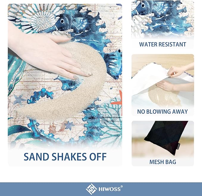 Beach Blanket Waterproof Sandproof Oversized 95”x 80”,Sand Free Beach Mat with Corner Pockets,Portable Mesh Bag for Beach Festival,Picnic,Travel and Outdoor Camping (Seahorse)