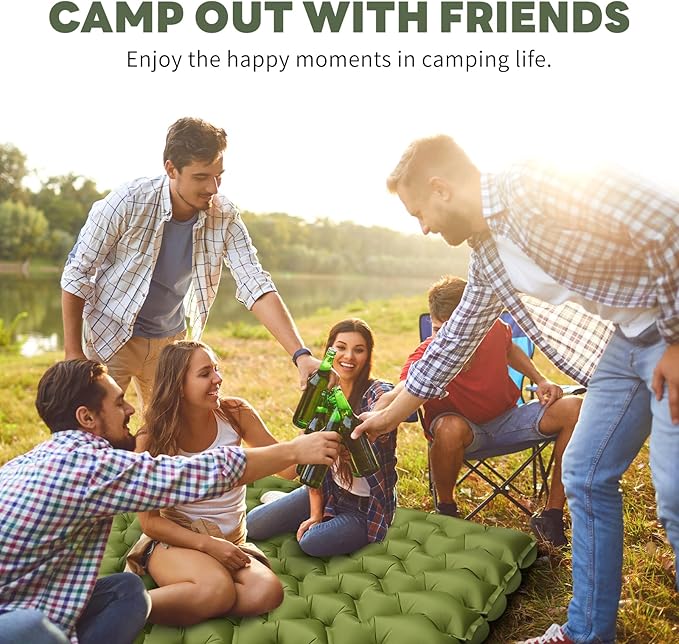 Double Inflatable Sleeping Pad for 2 Person - Ultralight Air Mattress with Built-in Foot Pump, Durable Waterproof Camping Pad for Couples, Backpacking, Hiking (Green)