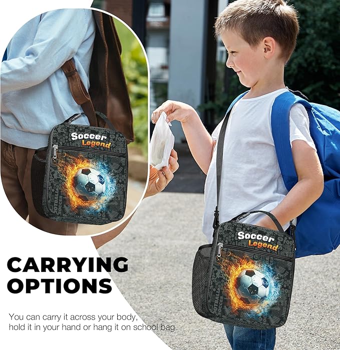 Clastyle 3D Insulated Kids Lunch Bag Large Thermal Cooler Bag for Boy Picnic School Lunch Box Tote,Fire Football