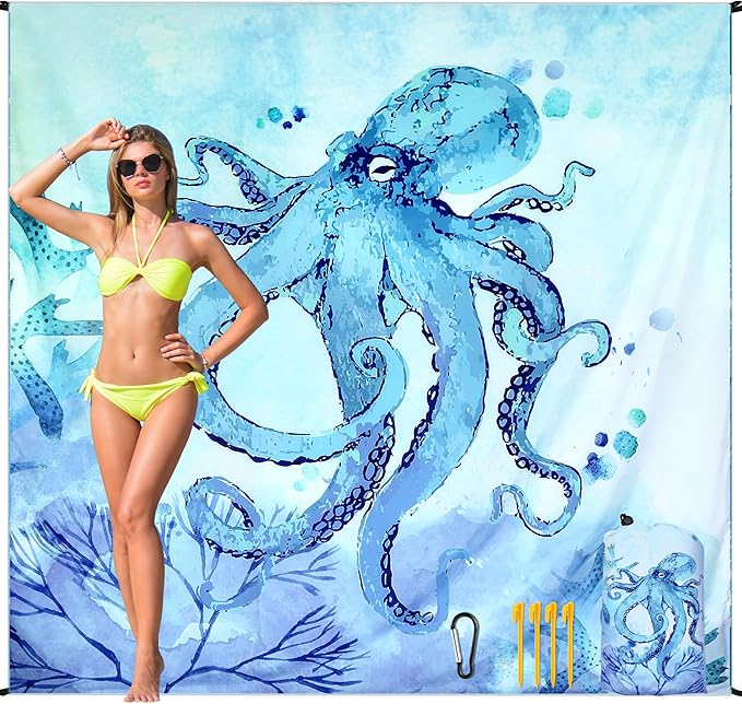 Beach Blanket, Wateresistant Sandproof Sand Free Beach Mat with Corner Pockets Portable Bag for Beach Festival,Picnic,Travel and Outdoor Camping Activties (BL-Octopus, 79"×83"(4 Person))