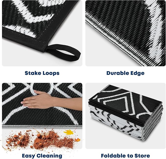 Kohree Outdoor Rugs 9x12 Patios Clearance, Outdoor Patio Rug Waterproof, Outdoor Carpet Camping Mat Rug for RV, Deck, Backyard, Picnic, Porch, with 4 Stakes and 1 Carry Bag, Black, Easy to Clean