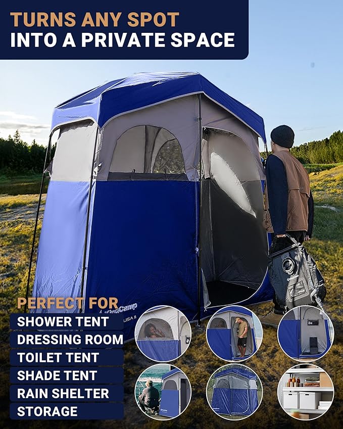 KingCamp Camping Shower Tent, Portable Outdoor Privacy Toilet & Changing Tent Windproof & Waterproof Easy Setup 1 or 2 Room Shelter with Shower Bag for Camping Hiking Beach