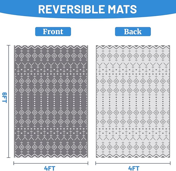 StepRite 4’ x 6’ Reversible Outdoor Rug, Waterproof Plastic Straw Rug, Patio Rug, Large Modern Area Rug Carpet, Indoor Outdoor Rugs for Camping, Porch, Deck, Balcony, Backyard, RV, Picnic(Grey)
