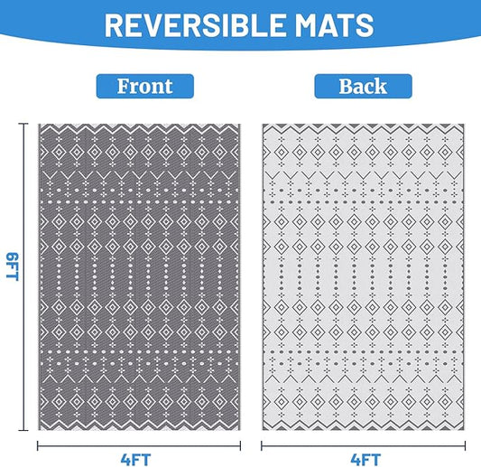 StepRite 4’ x 6’ Reversible Outdoor Rug, Waterproof Plastic Straw Rug, Patio Rug, Large Modern Area Rug Carpet, Indoor Outdoor Rugs for Camping, Porch, Deck, Balcony, Backyard, RV, Picnic(Grey)