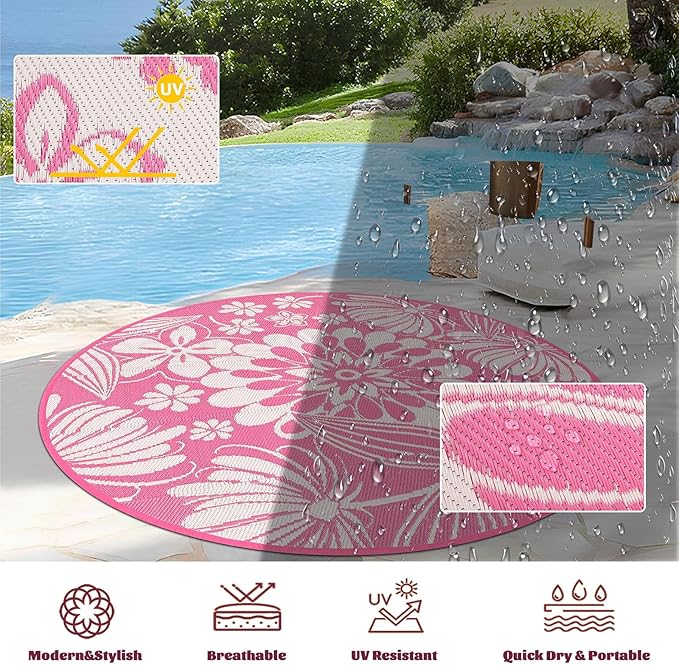 Ileading Round Outdoor Plastic Straw Rug 6ft Funny Floral Style Reversible Patio Area Rugs Waterproof Non Shedding Portable Carpets for Rv Outside Deck Pool Beach Picnic Camping (Pink)