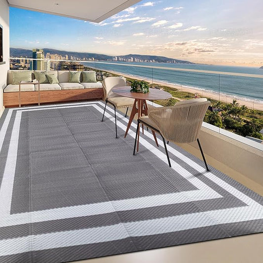 5'x 8' Outdoor Rug,Waterproof Reversible Patio Rugs,5x8 ft Plastic Straw Outdoor Carpet Foldable Plastic Camping Mat for Outside RV, Patio,Picnic,Camper,Balcony,Porch(White&Gray)