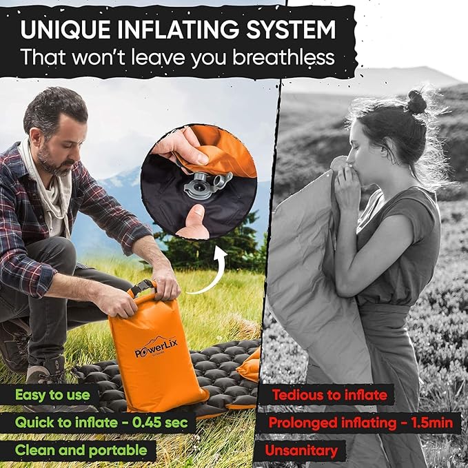 POWERLIX Ultralight Inflatable Camping Sleeping Pad - Camping Mattress for Backpacking, Hiking, Compact Lightweight Air Pad for Camping, Inflation Hand Pump Bag/Repair Kit Included