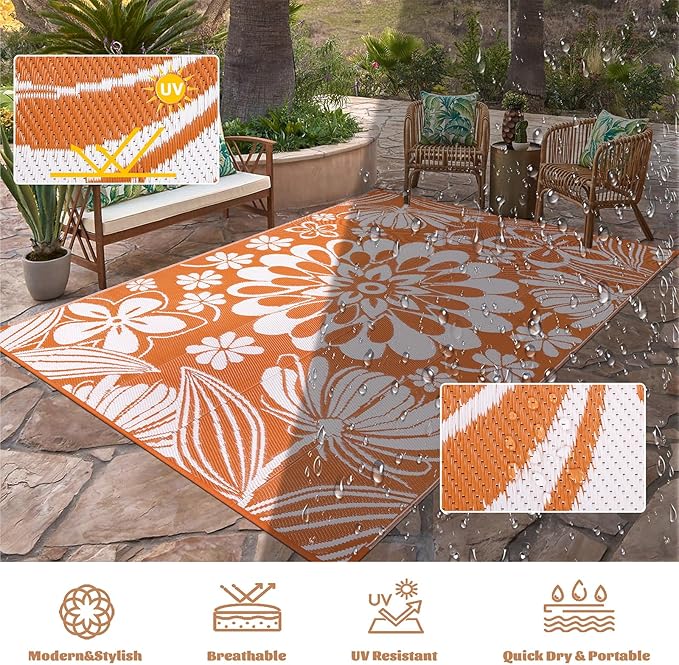 Ileading Outdoor Plastic Straw Rug 6x9ft Funny Floral Style Reversible Patio Area Rugs Waterproof Non Shedding Portable Carpets for Rv Outside Deck Pool Beach Picnic Camping (Orange)
