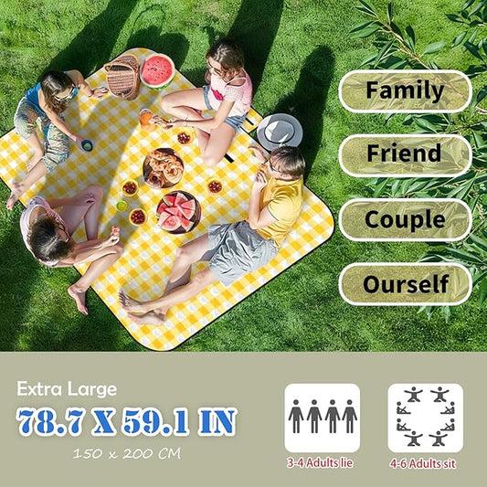 Large Picnic Blankets, 3 Layers Thick Soft Gingham Camping Blanket, 59X79IN Foldable Waterproof Rug, Portable Outdoor Mat for Beach Grass Hiking Park Travel, Sandproof, Machine Washable-Yellow