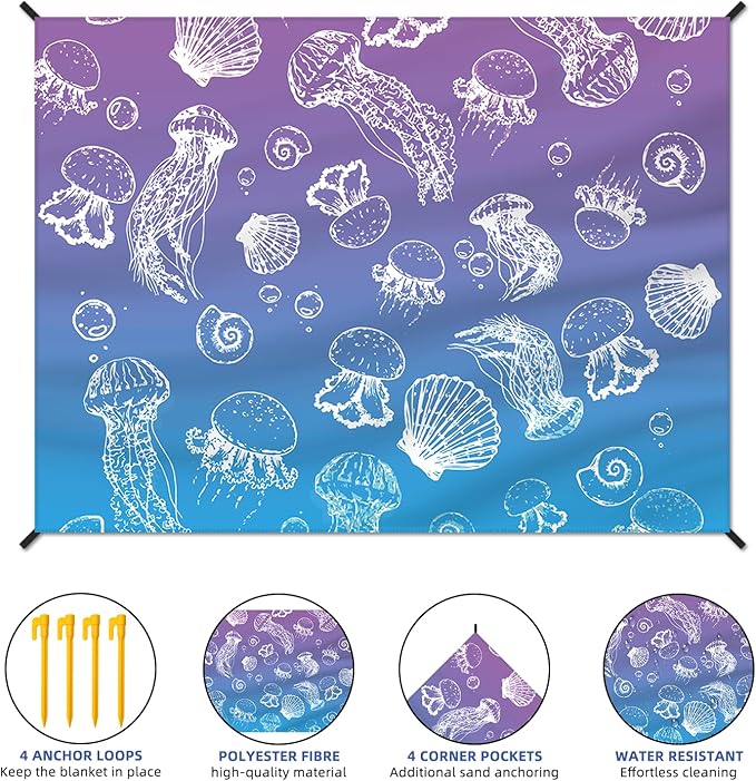 Beach Blanket Waterproof Sandproof Large Beach Mat 83" X 106" for 3-5 Adults Sand Free Mat Quick Drying,Lightweight & Durable with 4 Stakes & 4 Corner Pockets for Beach Camping .(Purple)