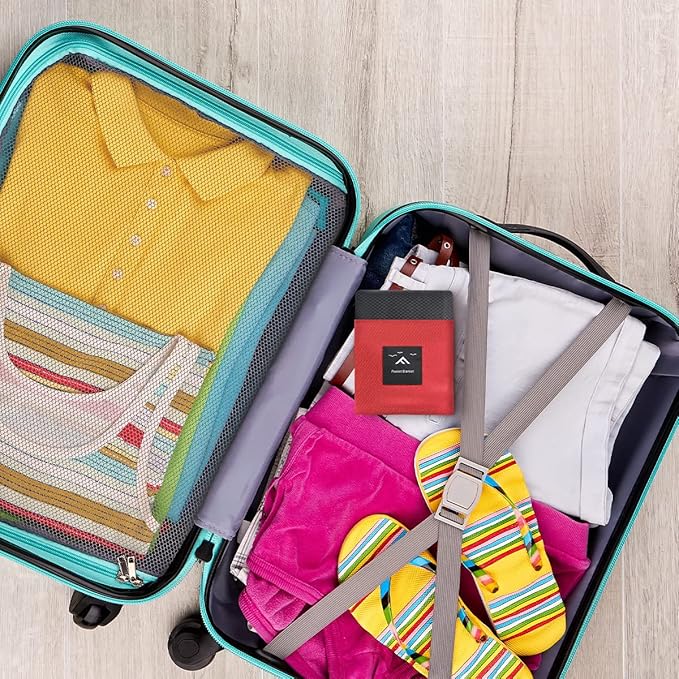 Picnic Blanket, Mini Pocket Beach Mat 55.1 x 70.8IN (3-5 People) Foldable, Lightweight Waterproof Sand Free, Foldable Thin Ground Sheet for Outdoor Camping Hiking Travel - with Hand Strap