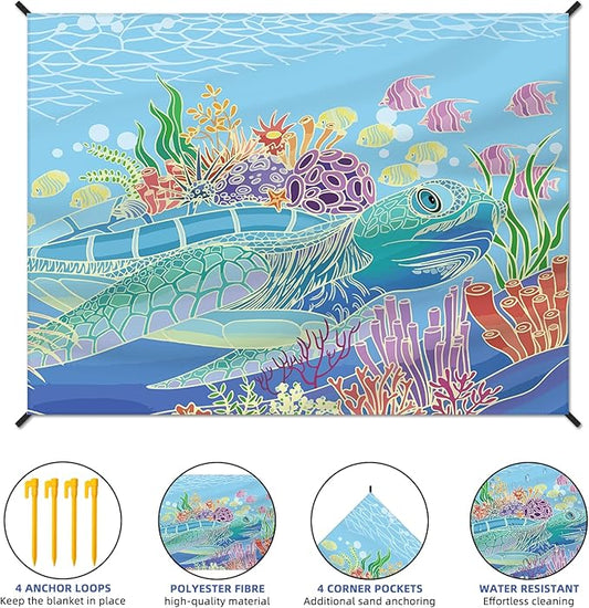 Beach Blanket Waterproof Sandproof Large Beach Mat 83" X 106" for 3-5 Adults Sand Free Mat Quick Drying,Lightweight & Durable with 4 Stakes & 4 Corner Pockets for Beach Camping
