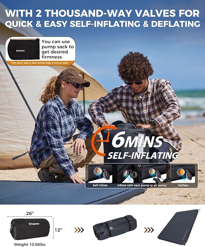KingCamp Self Inflating Sleeping Pad for Camping Ultra Thick Double Single Foam Mattress High R Value Camping Air Pad Mat, Multi Colors & Sizes