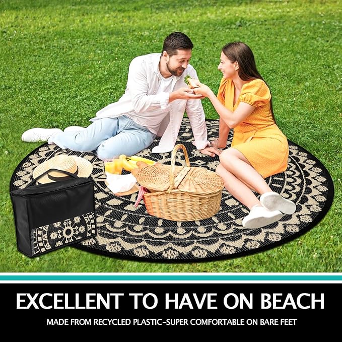 Capslpad 6Ft Round Outdoor Rug for Patio Reversible Mat Waterproof Plastic Straw Rug Boho Circle Indoor Outside Area Rug for RV Camping Picnic Pool Tent Balcony Beach Deck Doormats Decor, Beige