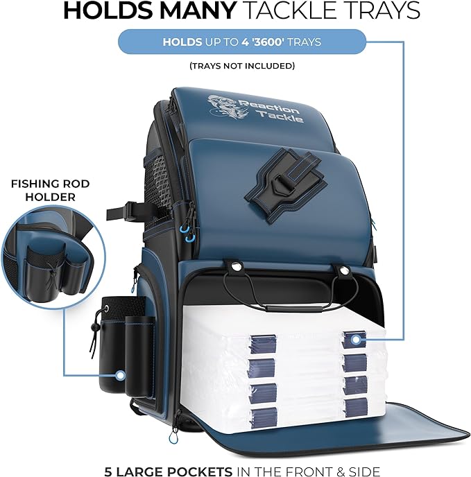 Reaction Tackle Fishing Tackle Bag – Salt Water Resistant Fishing Bag, 1000D PVC Waterproof Material, Tackle Box Organizer with Dividers for 3600 or 3700 Trays (Small, Medium, Backpack only fit 3600)