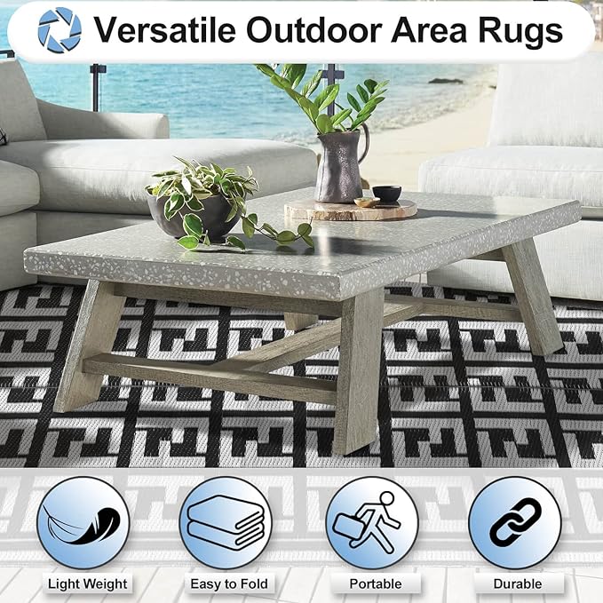 OutdoorLines Outdoor Plastic Area Rugs for Patio 5x8 ft - Reversible Outside Carpet, Stain & UV Resistant RV Mats, Straw Rug for Camping, Deck Garden, Porch and Balcony, Geometry Black & Light Grey