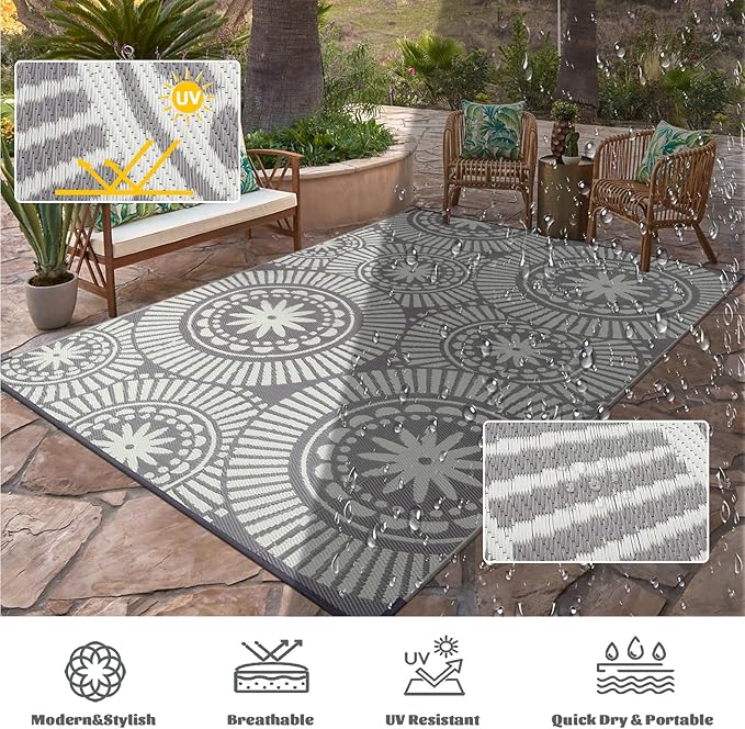 Ileading Large Plastic Outdoor Rug 9x12ft Modern Geometric Style Reversible Patio Area Rugs Waterproof Non Shedding Portable Carpets for Rv Outside Deck Pool Beach Picnic Camping (Grey)