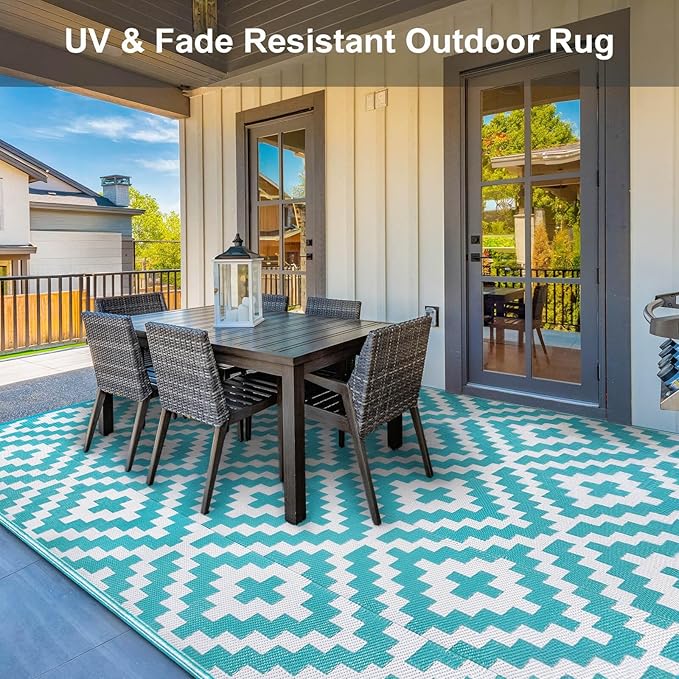 Outdoor Patio Plastic Straw Rug - 8'x10' Outdoor Camping Rug Waterproof Reversible, Area Carpet Patios Clearance RV, Outside Porch Balcony Deck for Camper, Blue & White