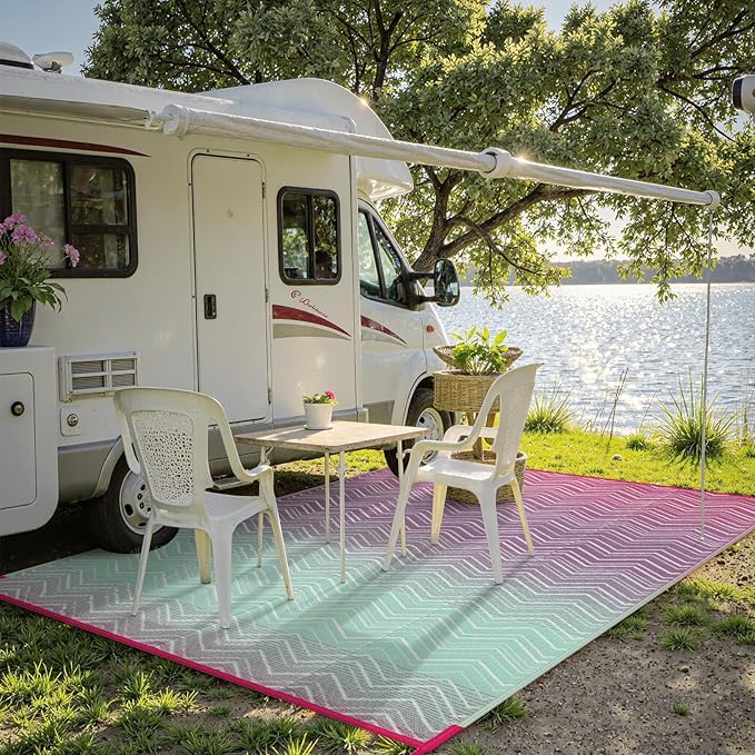 Lahome Outdoor Rugs 8x10 Waterproof, Reversible Plastic Large Outdoor Rug for Patios, Outside RV Mat Carpet for Patio Deck Porch Backyard Balcony Picnic Trailer(Pink/Green, 8' x 10')
