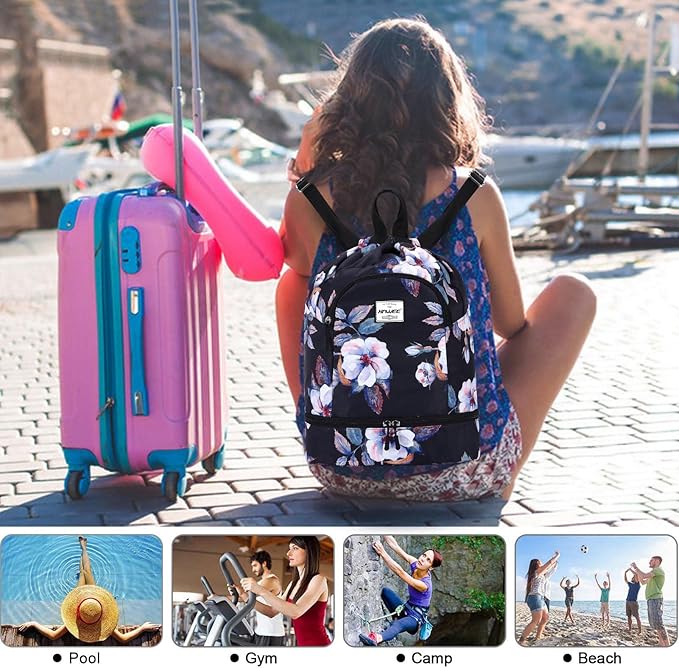 Dry Wet Drawstring Backpack with Shoe Compartment for Women Adjustable Gym Bag