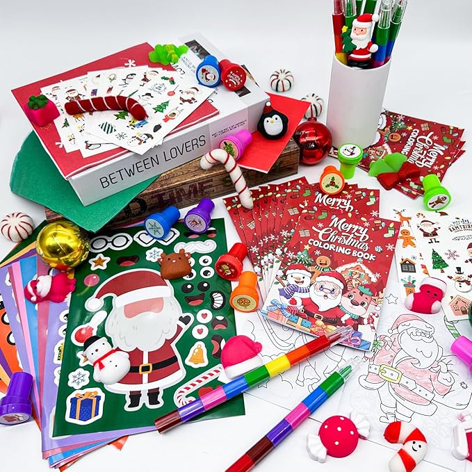 Cinrobiye 72 Pieces Merry Christmas Party Favors Max Holiday Coloring Books Tattoo DIY Sticker Stampers Class Reward Prizes for Christmas Holiday Winter Party Supplies
