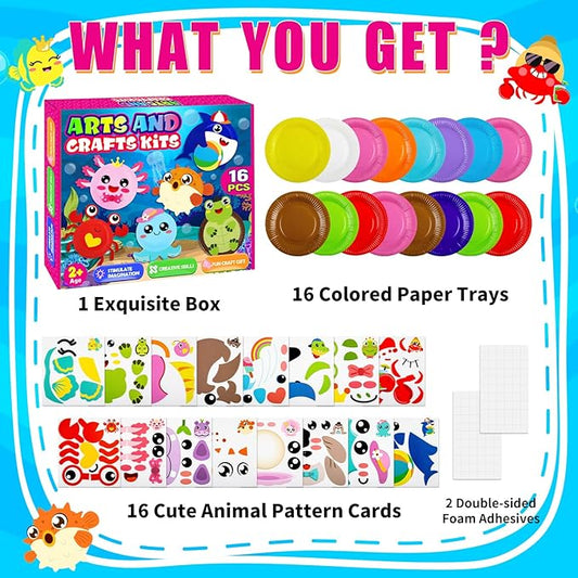 16 Pack Arts and Crafts for Kids, Toddler Crafts Animal Paper Plate Art Kit Gift for 3 4 5 6 Year Old Boys Girls DIY Kids Crafts for Birthday Party Favor Preschool Classroom Party Games