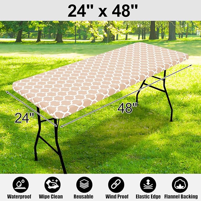 Smiry Rectangle Picnic Table Cover, Waterproof Elastic Fitted Camping Tablecloths for 4 Foot Tables, Wipeable Flannel Backed Vinyl Tablecloth Protector for Indoor, Outdoor (Khaki, 24x48 Inches)