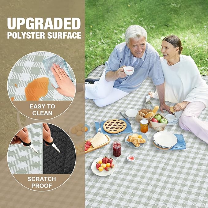 Picnic Blankets Outdoor Extra Large - 80"x80" Portable Waterproof Picnic Blanket, Machine Washable 3-Layer Foldable Park Mat with Sandproof Backing for Grass, Hiking, Travel, Concerts, Indoor (Green)