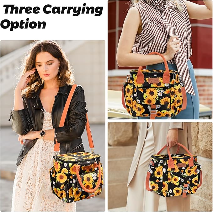 Joymee Insulated Lunch Bag for Women/Men, Waterproof Lunch Box for Office Work Picnic Beach, Reusable Large Leakproof Cooler Tote Bag with Adjustable Shoulder Strap & Side Pocket, Sunflower